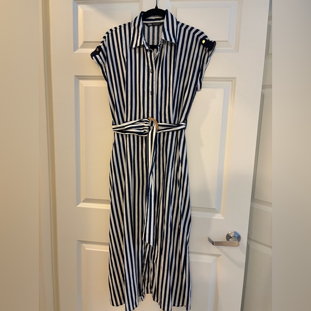 Zara Blue and White Buttoned Midi Linen Sundress